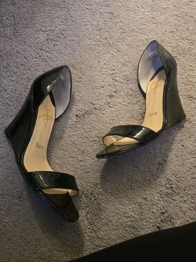 Christian Louboutin Black Patent Leather D'Orsay Wedge Sandals